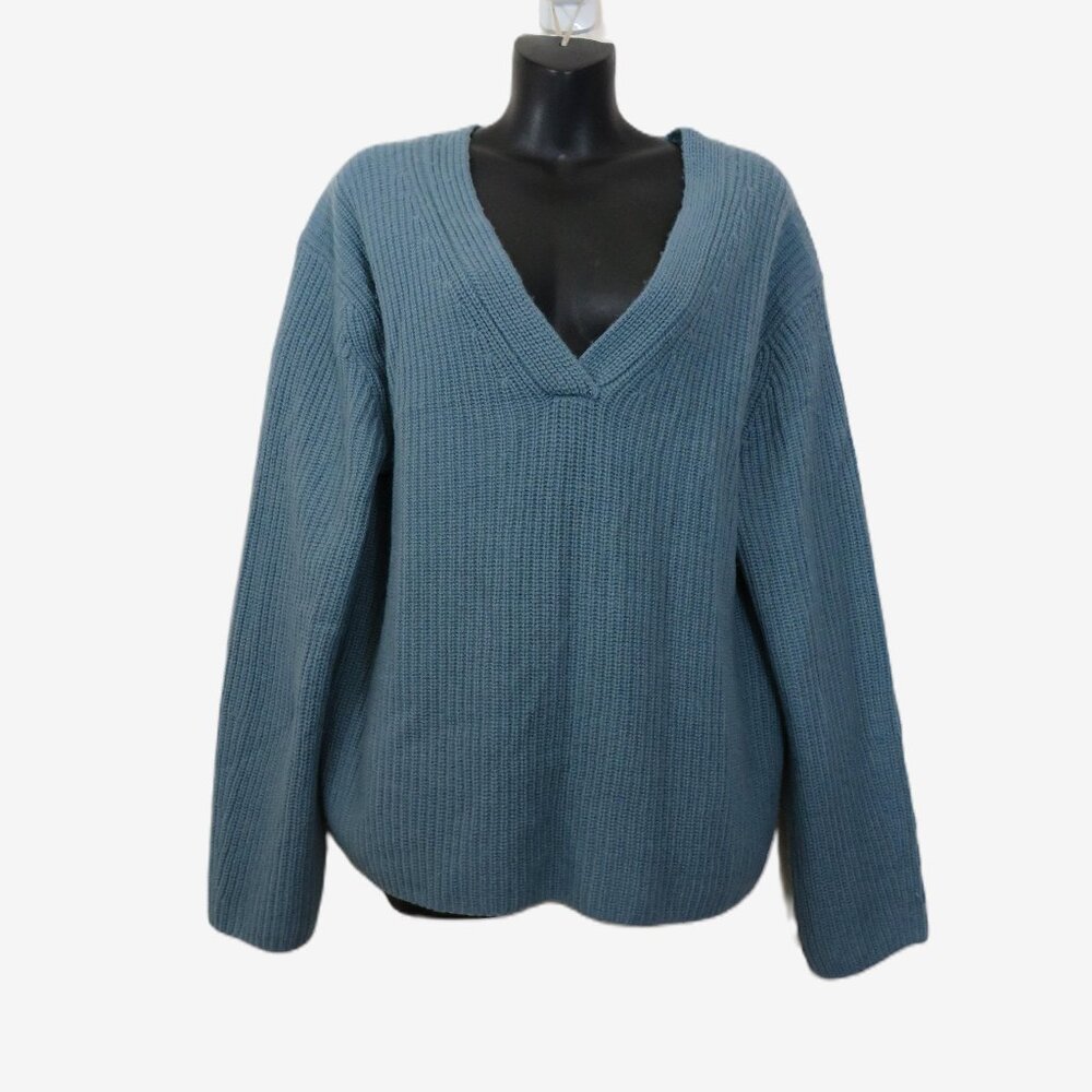 Vince size XL Shaker Stitch V Neck Sweater Wool Cashmere Blend Blue NEW